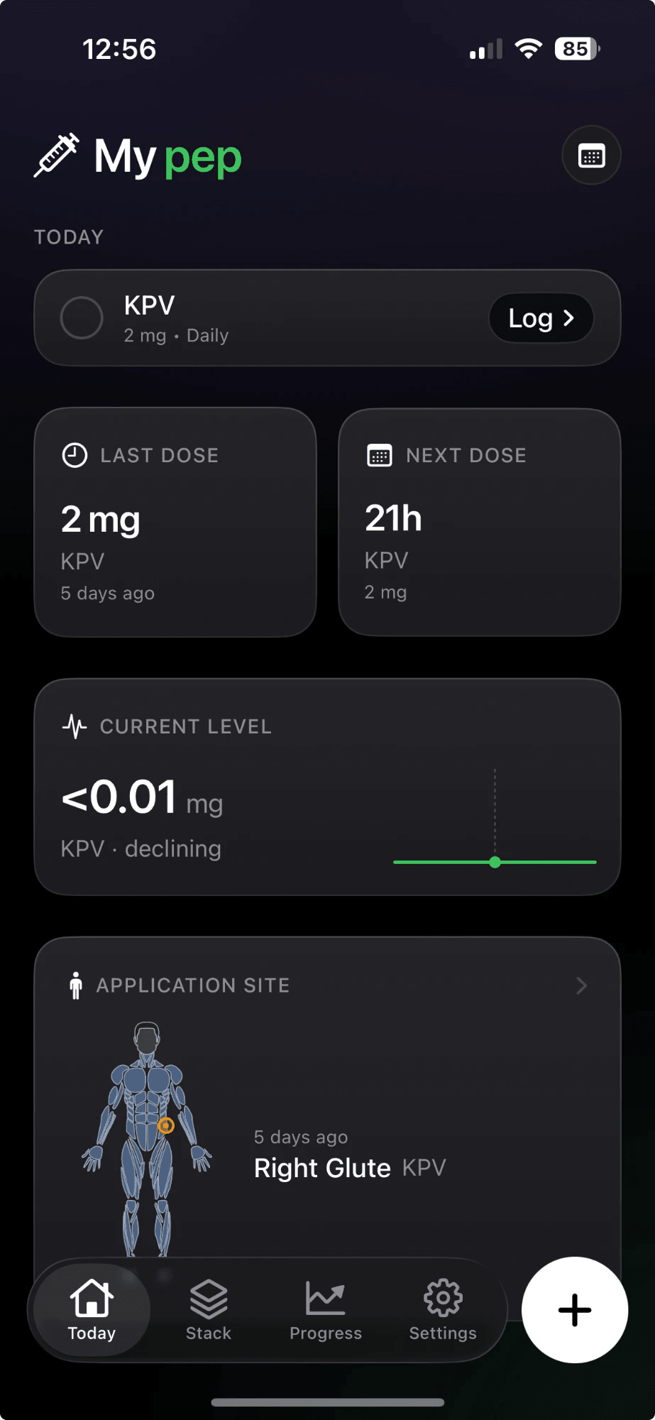 MyPep Today screen with last dose, next dose and current level